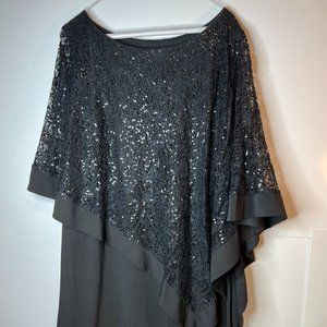 R & M Richards Black Formal Evening Party Dress Sleeveless Lined Sequin Cape-16W